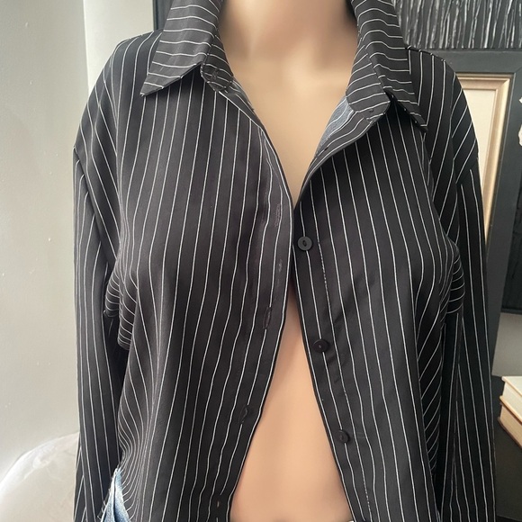 Revamped Tops - Chic Black Striped Button-Up Shirt with side draw strings